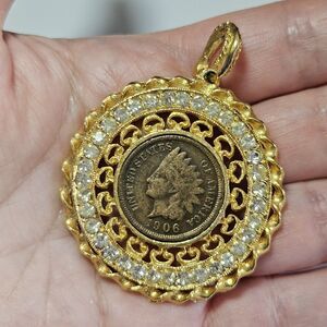 Vintage Regal Gems Gold Tone Pendant Medallion 1906 Penny With Crystals